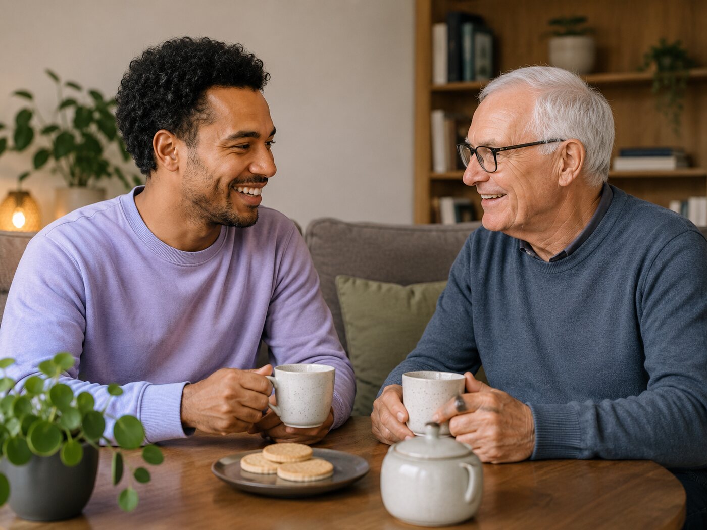 Hulpverlener en oudere man drinken samen koffie aan tafel